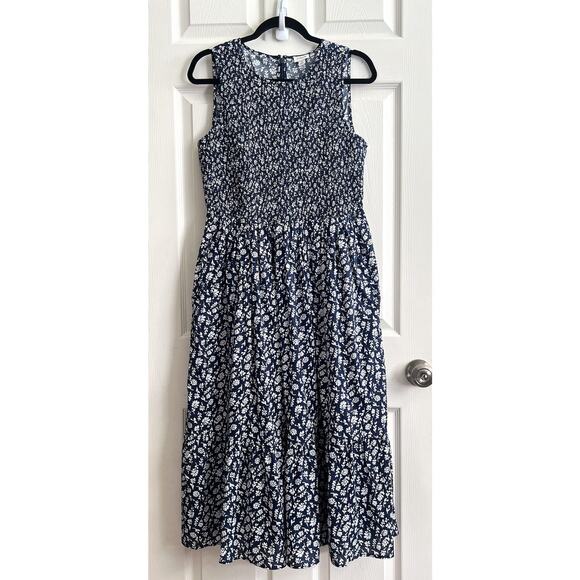 J. CREW 2024 Navy Floral Smocked Bodice Sleeveless Midi Dress - Picture 16 of 16